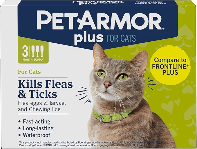 PetArmor Plus Flea and Tick Prevention for Cats, Cat Flea and Tick Treatment, 3 Doses, Waterproof Topical, Fast Acting, Cats Over 1.5 lbs