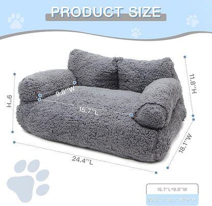 Plush Cat Couch Bed - Cat Bed for Indoor Cats, Dog Sofa Bed, Cotton Fleece Calming Pet Couch with Removable Cover, Breathable Pet Sofa for Small/Medium Pets (26×18×12in, Dark Grey)