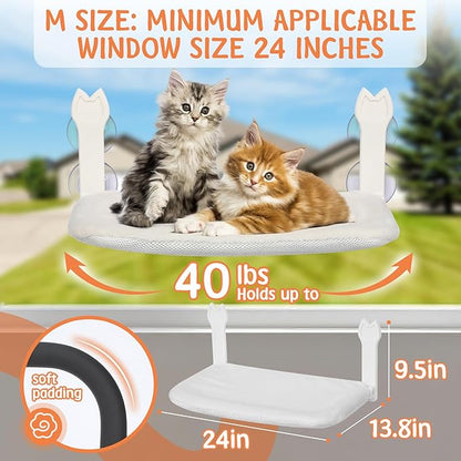 2 Pack Cat Window Perch,Cat Window Hammock Cordless Foldable Window Bed with 4 Large Strong Suction Cup,Reversible Cushion Cover,Metal Frame Easy to Adjust Window Seat Holds up to 40lbs(White，M)