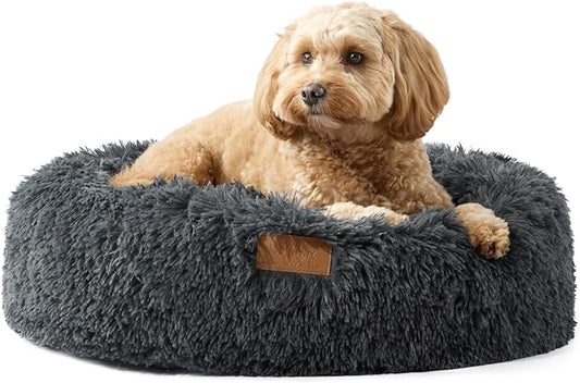 Town & Country Luxe CuddleTown Fuzzy Solid Donut Pet Bed, Soft, Cozy & Calming, Non-Slip Bottom, 100% Machine Washable, Dark Grey, Small 24"x24"x7" Round