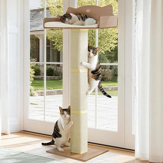 Cat Window Perch with Thick Sisal Scratching Post, Cats Hammock for Window with 3 Upgrade Suction Cups, 55" Adjustable Tall Cat Scratching Post with Large Perch, Cats Window Bed with Fluffy Cushion
