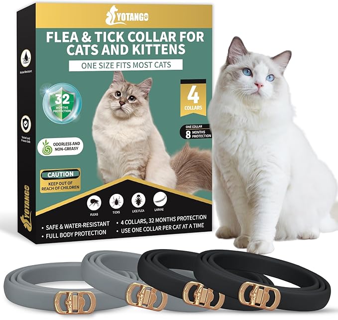 YOTANGO 4 Pack Flea Collar for Cats, 32 Months Flea and Tick Prevention for Cats, Waterproof Cat Flea Collar, Cat Flea and Tick Treatment, Adjustable Flea and Tick Collar for Cats Kittens-Black&Gray