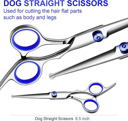 Professional Dog Grooming Scissors Kit, Titanium Coated Dog Scissors for Grooming, Grooming Shears Kit - Straight,Thinning, Curved Scissors and Comb for Dog Cat Pet (Blue 5 in 1)