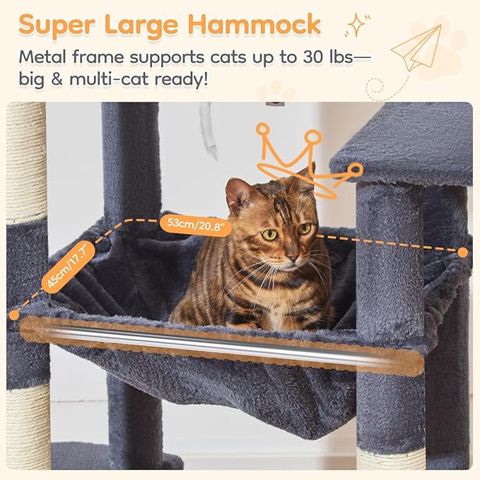Taoqimiao Heavy Duty Cat Tree for Large Cats 20lbs+, 71 Inches Tall Cat Tower, 2 Cat Condo with 6 Scratching Posts, Super Large Hammcock, Cat Toys, Cozy Basket, Smoky Gray, MS037G