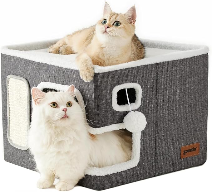 ZOMISIA Cat Beds for Indoor Cats - Large Cat House for Pet with Fluffy Ball Hanging and Scratch Pad, Foldable Cat Hideaway,16.5x16.5x13 inches, Grey