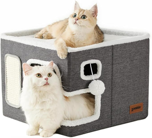 ZOMISIA Cat Beds for Indoor Cats - Large Cat House for Pet with Fluffy Ball Hanging and Scratch Pad, Foldable Cat Hideaway,16.5x16.5x13 inches, Grey