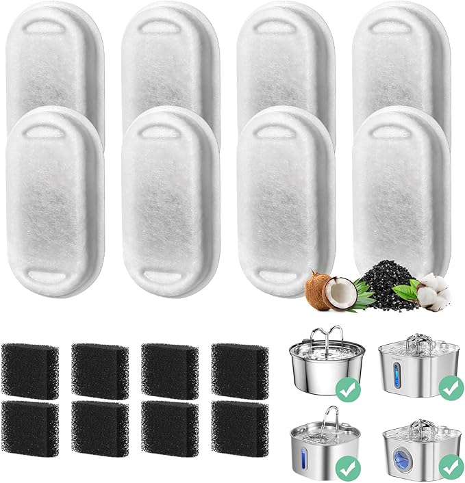 Cat Water Fountain Filter, 8 Pack Cat Fountain Filter Replacement for 108oz/3.2L & 74oz/2.2L Stainless Steel cat Water Dispenser, Pet Fountain Filters Replacement