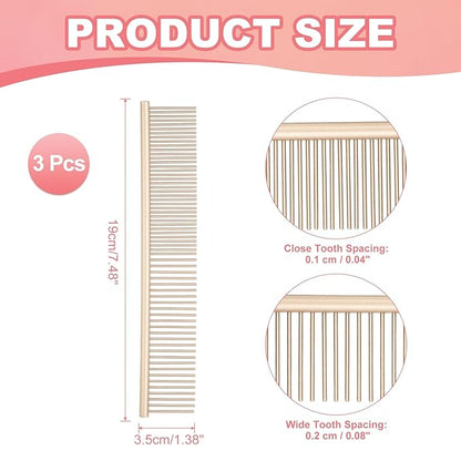 Dog Cat Comb, Pet Combs Stainless Steel Teeth with Rounded Ends for Knots Mats Loose Hair Removal, 7.5IN (Gold Coated, 3 Pack), Grooming Tool Intended for Long Curly Hair Pet