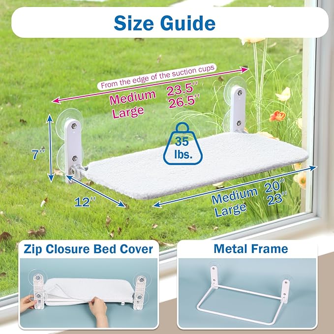 Zakkart Easy Fold Cat Window Perch - Cordless, Fold-Up, Zip Closure Embeded Machine Washable Bed Cover, Robust Metal Frame - Cat Hammock for Window for Large Cats and Kittens (White, Large)