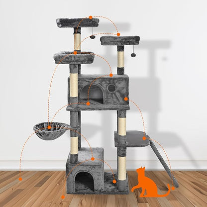 Amazon Basics 68-Inch Large Cat Tree Tower, Multi-Level Activity Center with 2 Large Condos, Multiple Sisal Scratching Posts and Hanging Pompoms, Gray