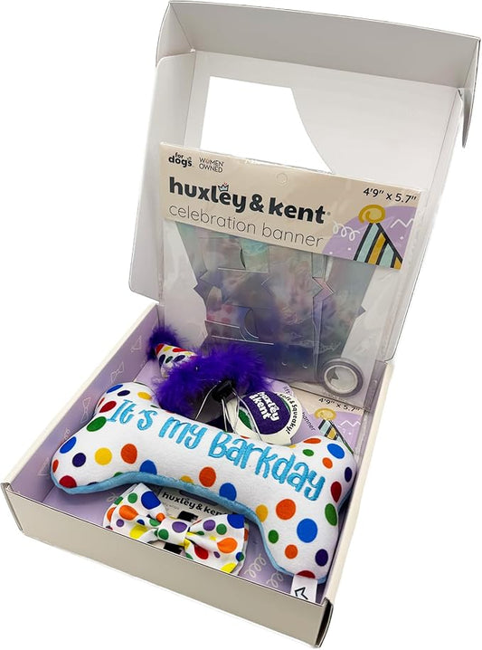 Huxley & Kent Celebration Box for Dogs - Fun Gift Set with Plush Squeaky Toys, Party Hat, Bow Tie & Banner - Birthday, Gotcha Day & Special Occasion Dog Set - Happy Barkday Box, Small