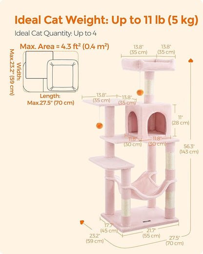 Feandrea Cat Tree, 56.3-Inch Cat Tower for Indoor Cats, Multi-Level Cat Condo with 4 Scratching Posts, 2 Perches, Hammock, Cave, Jelly Pink UPCT161P01