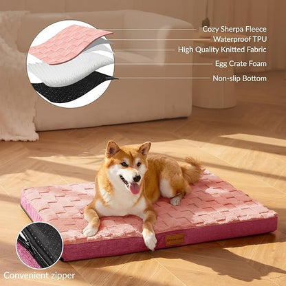 Patas Lague Orthopedic Dog Bed Medium Size Dog 30''X20'', Waterproof Soft Warm Comfortable Egg Crate Foam Medium Pet Beds Mat with Removable Washable Cover and Nonskid Bottom, Pink