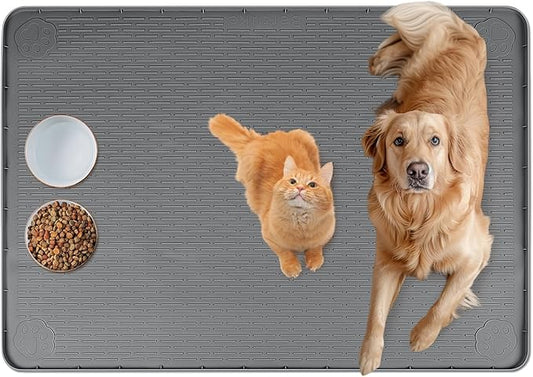 Bartuke Cat Food Mat, 40" x 28" Extra Large Silicone Pet Feeding Mat with Raised Edge Pet Placemat for Food and Water Bowl Non-Slip, Easy to Clean, Floor Protection (Dark Grey)