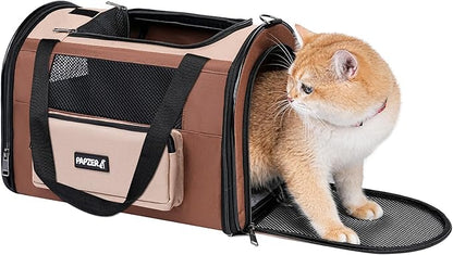 Collapsible Small Pet Carrier for Cat 15 lbs with Fashion Pocket, Lightweight Sturdy Travel Carry Bag Little Puppy Dog, Breathable Stylish Kitten Soft Cage Kennel, 17.7x11.0x11.8 Inch Khaki