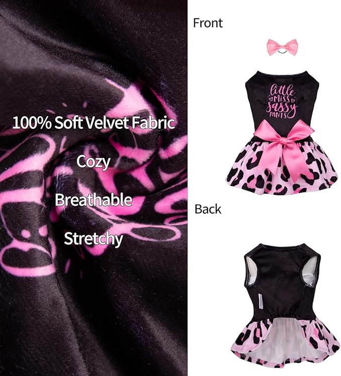 CuteBone Little Miss Sassy Pants Dog Leopard Print Dress Velvet for Small Dogs Girl Puppy Dresses Pink Dog Clothes CVA15S-D