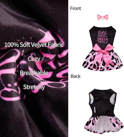 CuteBone Little Miss Sassy Pants Dog Leopard Print Dress Velvet for Small Dogs Girl Puppy Dresses Pink Dog Clothes CVA15XXS-D