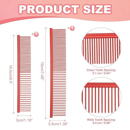 Dog Cat Comb, Pet Combs Stainless Steel Teeth with Rounded Ends for Knots Mats Loose Hair Removal, 6.5/7.5IN (Red Coated, 2 Pack), Grooming Tool Intended for Long Curly Hair Pet