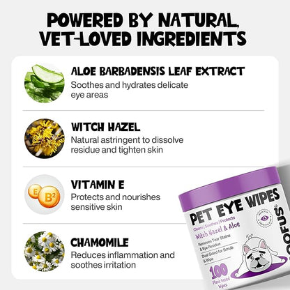 Eye Wipes 100 Counts - Dog Tear Wipes to Removes Tear Stains & Eye Residue - Hypoallergenic Pet Eye Cleaner Wipes for Cats & Dogs - Safe and Effective for Dogs & Cats