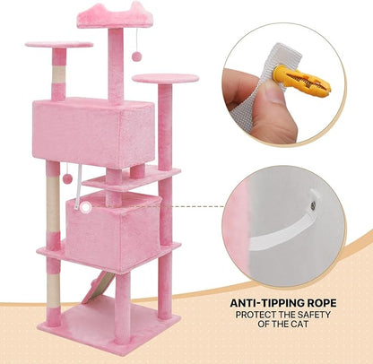 MoNiBloom 70 Inch Cat Tree Tower for Indoor Cats Large Adults, Tall Cat Tower with Scratching Post, Multi-Level Furniture Activity Center with Cat Condo Pet Play House, Soft Pink