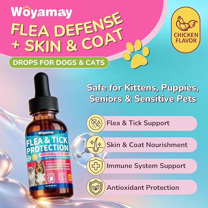 Flea Defense + Skin & Coat Support, Natural Flea and Tick Prevention for Dogs & Cats, Dog & Cat Flea Treatment with Pumpkin Seed & Omega-3/6/9, Flea Drops for All Breeds & Ages, Chicken Flavor