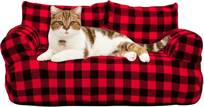 Cat Couch Bed - Cat Bed for Indoor Cats, Calming Pet Sofa Puppy Sleeping Bed with Removable Washable Cover, Cute Dog Couch and Kitty Lounge Chair for 18lbs Cats & Small Dogs(Red & Black)