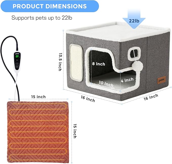 ZOMISIA Heated Cat House for Indoor Cats - Cat Warming Bed for Winter with Fluffy Ball Hanging and Adjustable Heating Pad, Foldable Cat Hideaway,16.5x16.5x13 inches, Navy Blue