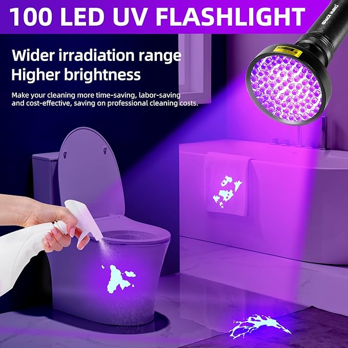 100 LED UV Black Light Flashlight (395nm) with Mini UV Pen Light (365nm) - Dual Wavelength Ultraviolet Light for Pet Urine Detection, Scorpion Hunting, Resin Curing, Counterfeit Money & Leak Detection