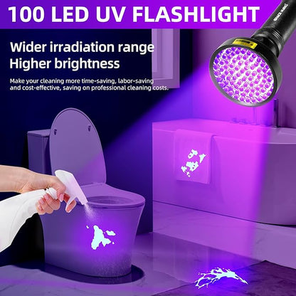 100 LED UV Black Light Flashlight (395nm) with Mini UV Pen Light (365nm) - Dual Wavelength Ultraviolet Light for Pet Urine Detection, Scorpion Hunting, Resin Curing, Counterfeit Money & Leak Detection