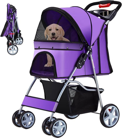 Azaeahom Pet Stroller, 4 Wheels Pet Strolling Cart for Medium/Small Dogs and Cats, Foldable Cat Jogger/Dog Stroller with Cup Holder, Storage Basket, Breathable Mesh, All-Season Pet Carrier, Purple