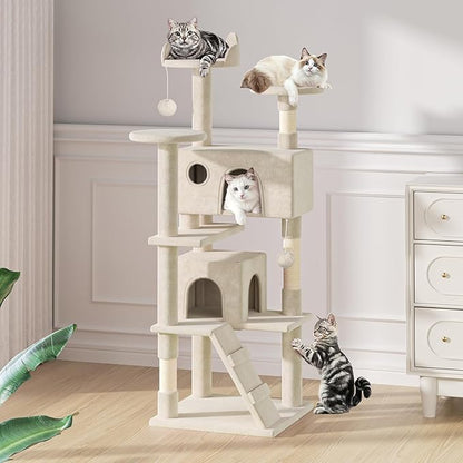MoNiBloom 60 Inch Cat Tree Tower for Indoor Cats Large Adults, Cat Tower with Scratching Post, Multi-Level Furniture Activity Center with Cat Condo Pet Play House, Beige