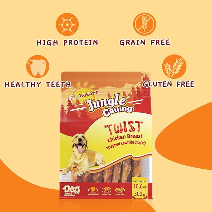 Jungle Calling Dog Treats, Chicken Wrapped Rawhide Chew Sticks - High Protein, Low Fat Dental Chews for Teeth Cleaning & Training Rewards, 10.6oz