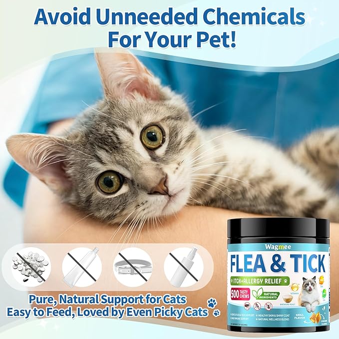 Natural Cat Flea Treatment Chewables – 500 Crunchy & Creamy Tasty Chews, Flea and Tick Prevention for Cats with Skin & Coat Support, Oral Flea & Tick Supplement & Allergy Relief for Cats, Chicken