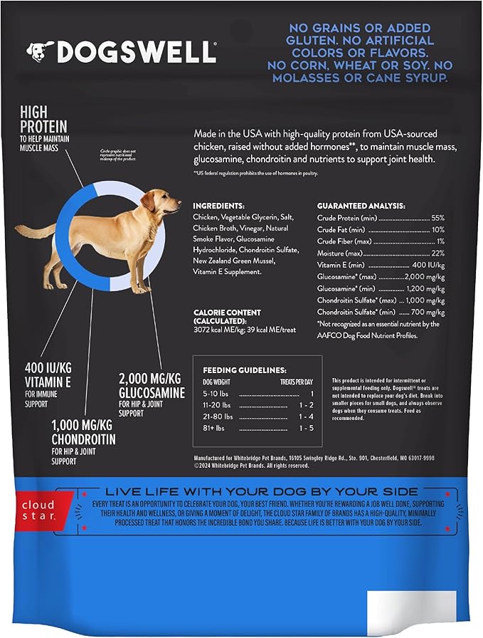 Dogswell Jerky Hip and Joint Dog Treats Grain Free Made in USA Only, Glucosamine and Chondroitin, 12 oz Chicken