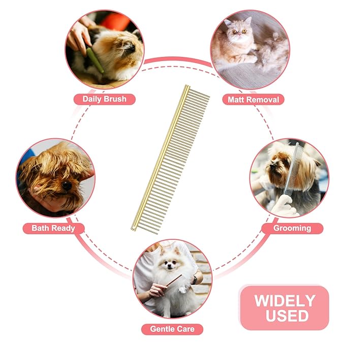 Dog Cat Comb, Pet Combs Stainless Steel Teeth with Rounded Ends for Knots Mats Loose Hair Removal, 6.5IN (Gold Plated, 3 Pack), Grooming Tool Intended for Long Curly Hair Pet
