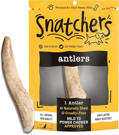 Snatchers Deer Antlers for Mild to Aggressive Chewers – Durable, Naturally Shed Antlers for Dogs Processed in The USA, No Additives (Large, 7-8", 1 Count)