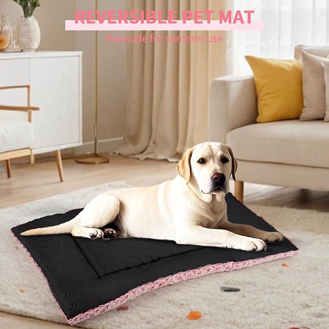 Washable Dog Bed Mat Deluxe Plush Reversible Pet Crate Pad Comfy Pet Kennel Beds Dog Sleeping Mat for Large Jumbo Medium Small Dogs, 35'' x 22'', Pink