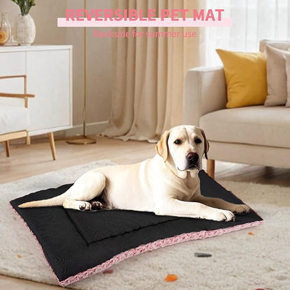 Washable Dog Bed Mat Deluxe Plush Reversible Pet Crate Pad Comfy Pet Kennel Beds Dog Sleeping Mat for Large Jumbo Medium Small Dogs, 35'' x 22'', Pink