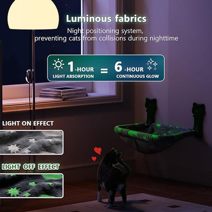 Cat Window Perch Cordless, Glow in The Dark & Stable Cat Beds- Breathable Window Hammock for Overlooking, Sunbathing and Climbing - Maximum Hold Up to 40lb(Grey)