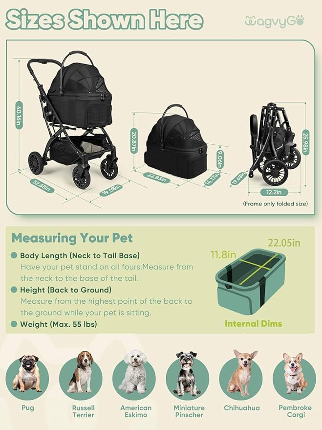 Small Dog Stroller, Pet Stroller for Small Dogs, 5-in-1 Dog Strollers - Fold All in One Without Detaching Carrier, Pet Strollers with Removable Waterproof Carrier for Dogs Cats 10 lbs 20 lbs