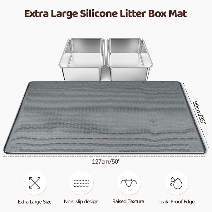 Cat Litter Mat, XXL Extra Large 50" x 35" Silicone Mat Litter Trapping Mat for Scatter Control, Soft on Kitty Paws, Easy to Clean (Dark Grey)