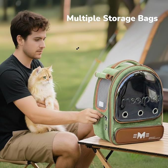 Cat Bubble Backpack Carrier, Clear Pet Bag for Cats and Small Dogs up to 20 Lbs, Great for Outdoor Hiking Camping (Green Orange)