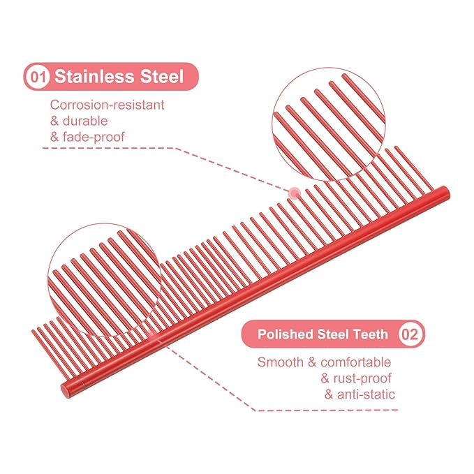 Dog Cat Comb, Pet Combs Stainless Steel Teeth with Rounded Ends for Knots Mats Loose Hair Removal, 6.5IN (Red Coated, 3 Pack), Grooming Tool Intended for Long Curly Hair Pet