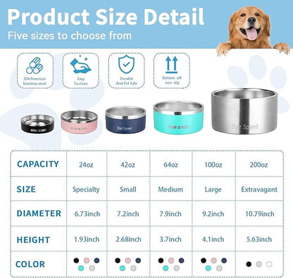 StarSpeed 24oz Stainless Steel Dog Bowls with Rubber Bottom Non-Slip Double Wall Metal Outdoor Dog Food and Water Bowls Weighted Insulated Pet Feeding Bowl for Small,Medium Sized Dogs or Cats