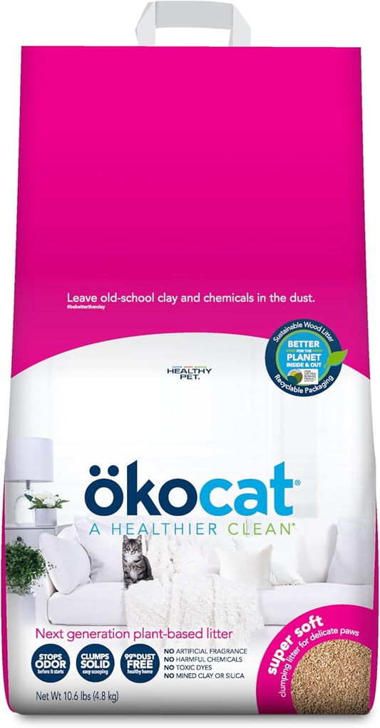 ökocat Super Soft Wood Clumping Cat Litter, Unscented, 10.6 pounds - Natural Ingredients, Stops Odor, Clumps Solid, 99% Dust Free, Great for All Cats, Sensitive Paws, Kittens