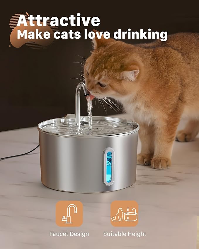 Cat Water Fountain Stainless Steel: Cat Fountain for Drinking - Automatic Pet Water Fountain for Cats Inside - 3.2L Dog Water Dispenser Cat Drinking Supplies Metal Kitty Spout Animal Waterer Bowl
