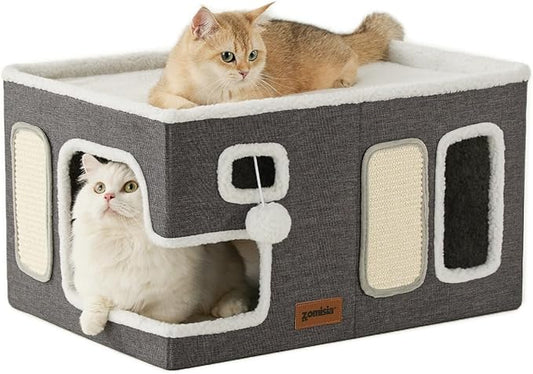 ZOMISIA Extra-Wide Cat House for Indoor Cats - Large Cat House for Pet with Fluffy Ball Hanging and Scratch Pad, Foldable Cat Hideaway for Multi Cats, 23x16.5x13 inches, Grey