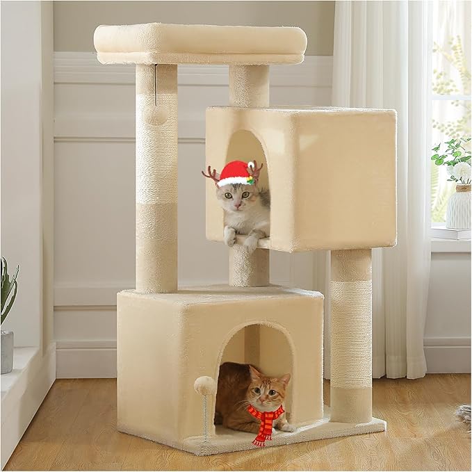 XL Cat Tree 44" Cat Tower for Large Cats 20 lbs+, 2 Spacious Caves with 3.4" Thickened Scratching Post, Large Top Perch, 2 Interactive Toys, Beige