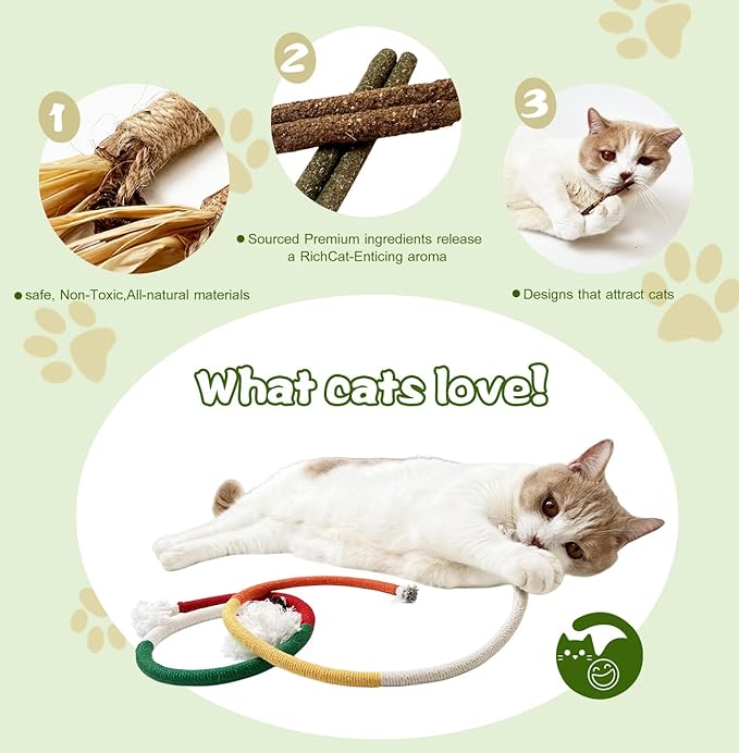 Catnip Chew Toys for Cats, 12 Pack Cat Toys with Silvervine Sticks, Natural Silvervine Stick Cage Balls & Bell Balls for Indoor Cats