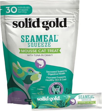 Solid Gold Lickable Cat Treats - Limited Ingredient Tuna SeaMeal™ Squeezable Healthy Cat Treats for Indoor Cats w/Seaweed for Gut & Immune Support - 0.5oz Pack of 30
